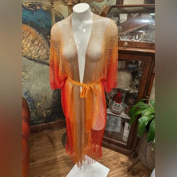 Boho Sunset Ombre Mesh Maxi Kimono Cover-Up Fringe Festival Beach Party O/S - Picture 4 of 11